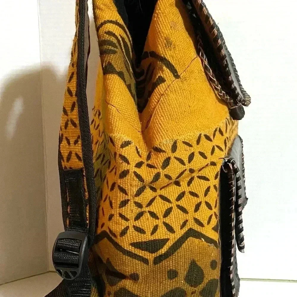 Handmade  Unsex Africa mud cloth cotton canvas leather backpack